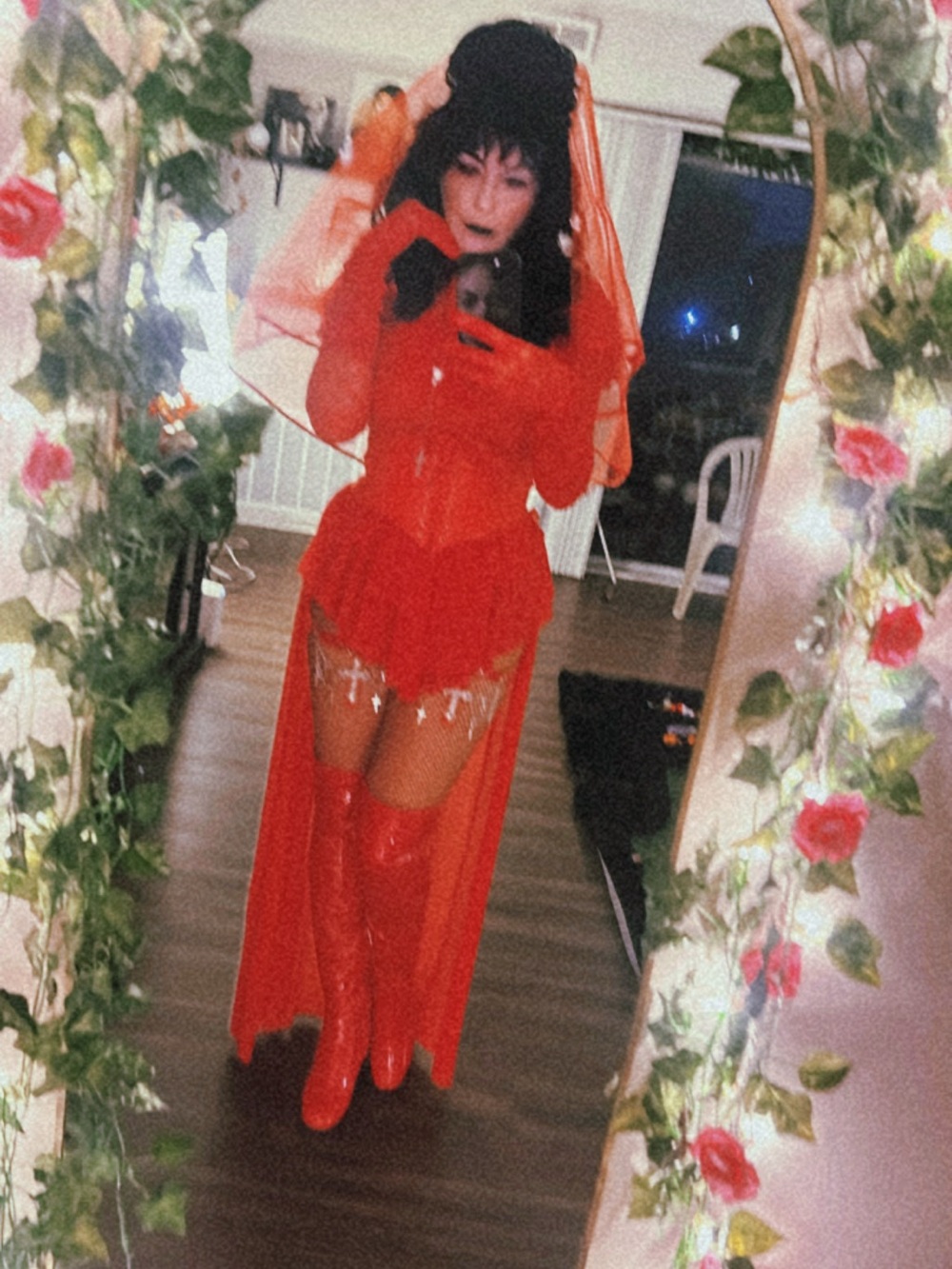 Fashion Nova Red Sheer Corset Mini Dress with Veil and Thigh Boots